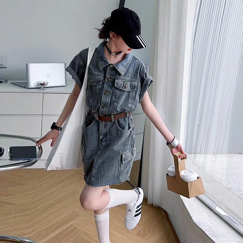 

Fashion Children Cargo Denim Dress with Belt for Teenage Girls Slim Fit Shirt Style Button Jeans Dresses Kids Summer Streetwear