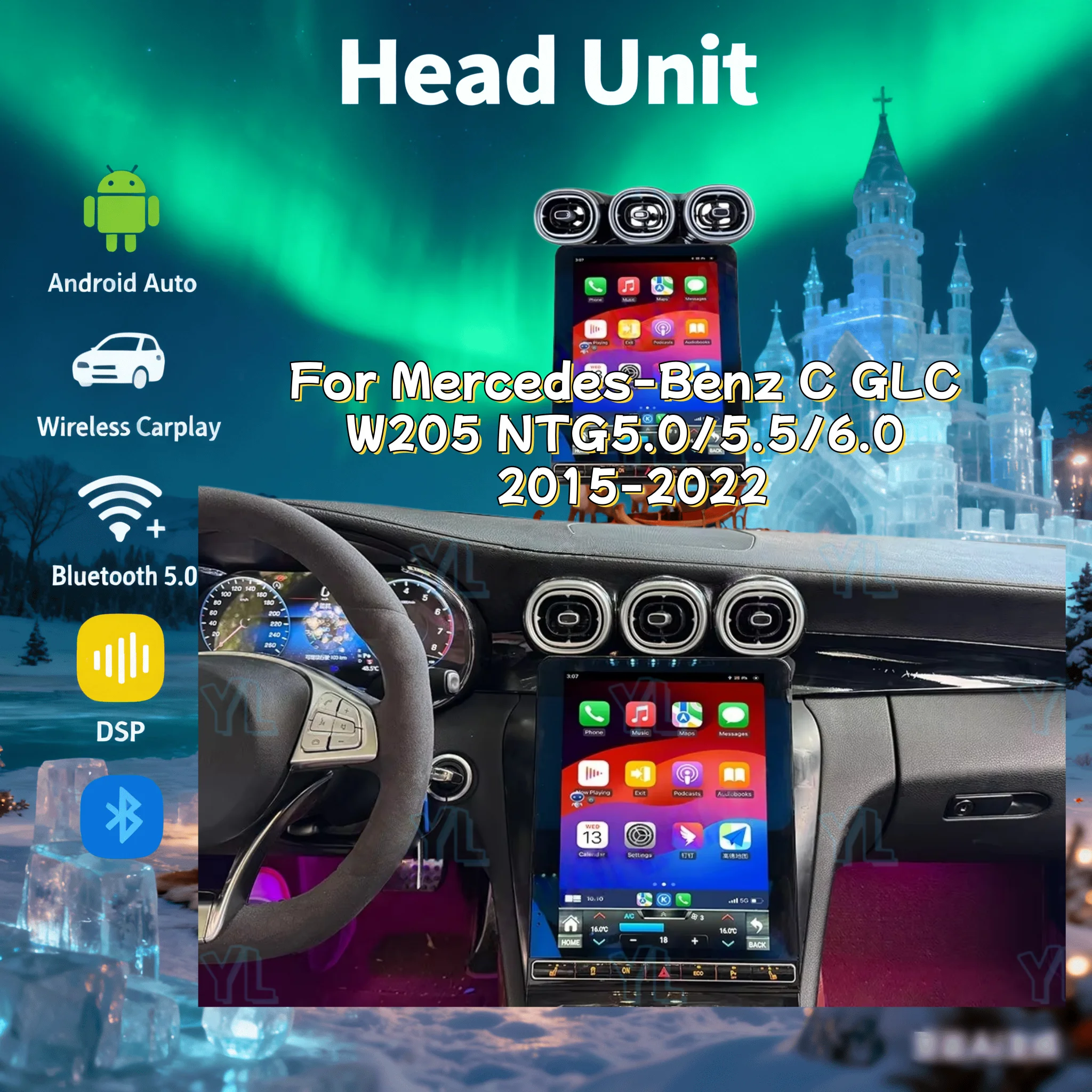 New Upgrade 12.1'' Android13 Car Radio GPS Navigatio Multimedia Wireless Carplay For Mercedes Benz C Class GLC 2015-2022 Unit 4G