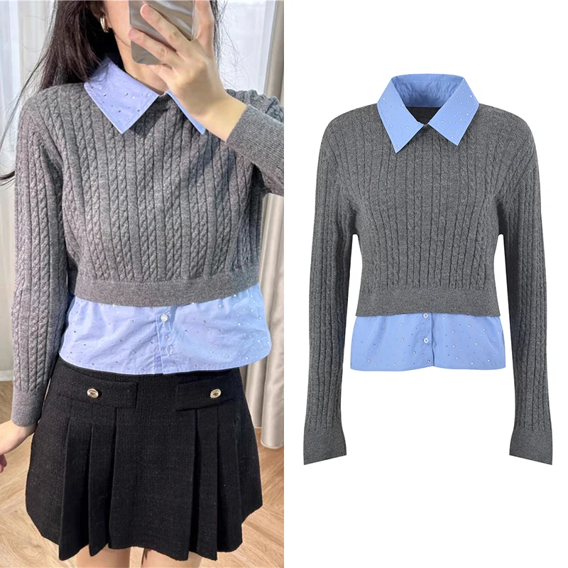 

High-End Version S Home Premium Twist Color Knitted Sweater Detachable Fake Two-Piece Shirt Diamond Knitwear Women's Top