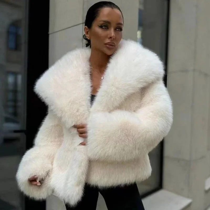 Fake fur coat for women large lapel faux fur jacket for women Fluffy casual fox fur coat for women