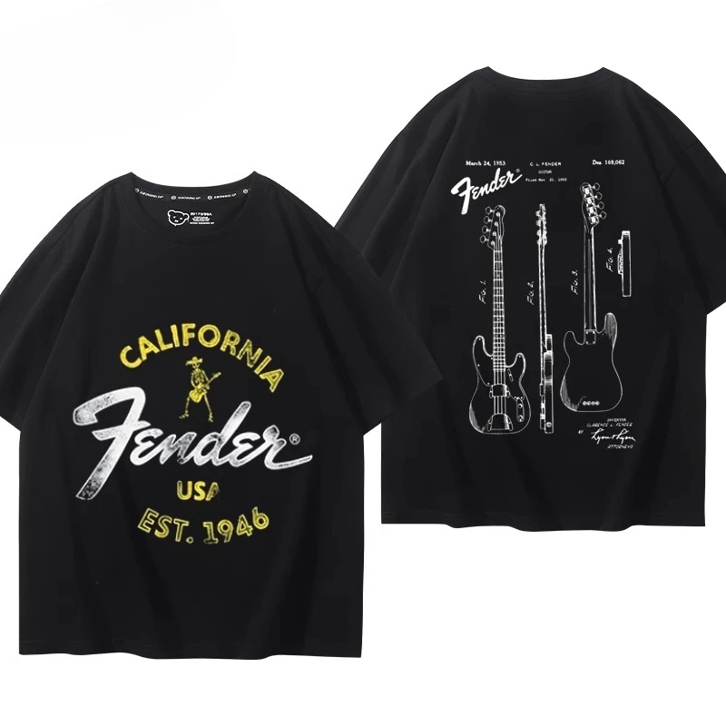 Summer 100% Cotton Short-Sleeved Top with Jazz Rock Print. Men's T-Shirt with Bass and Guitar Instruments. Fenda Street Style.