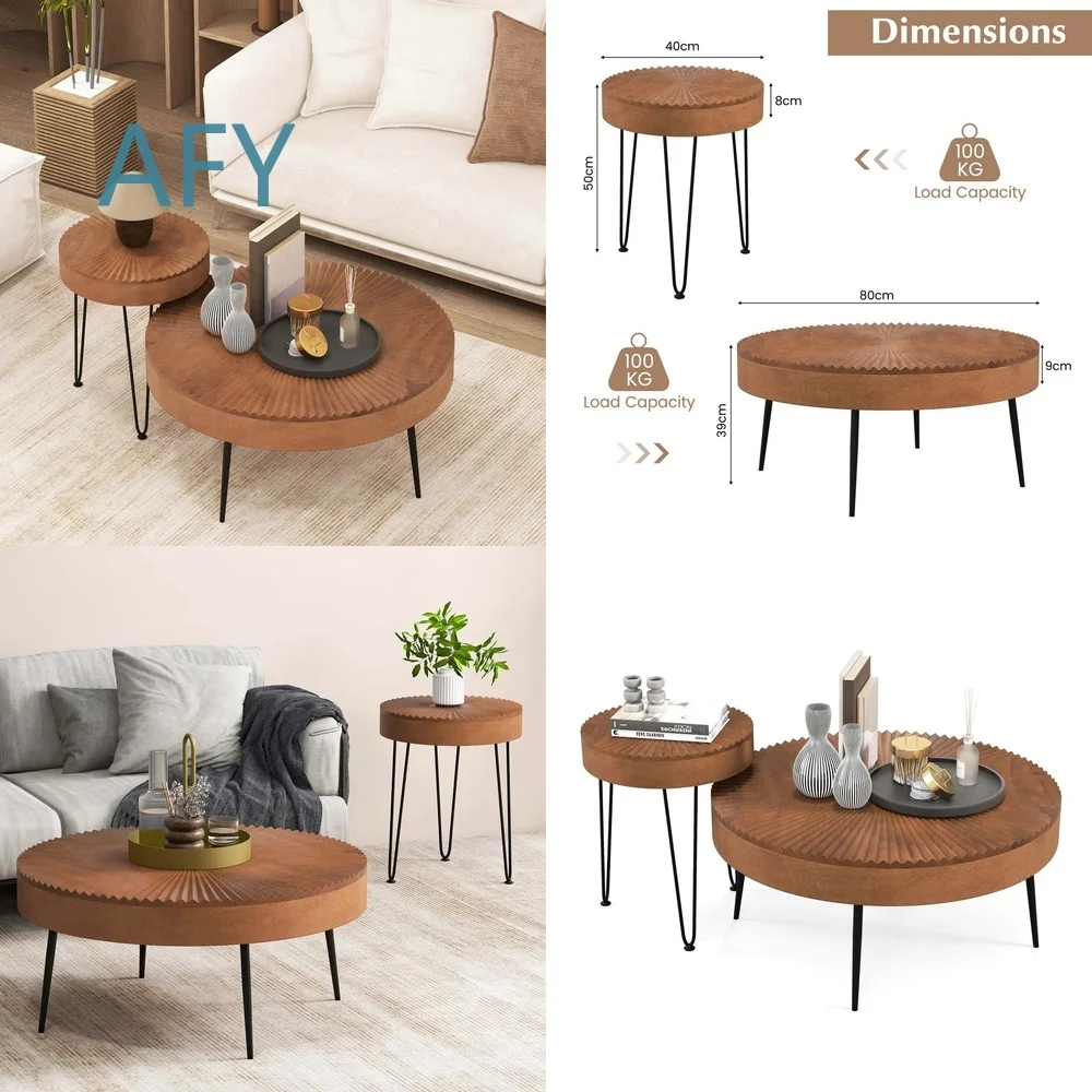 Wooden Round Split Coffee Table Set for Living Room Modern Minimalist Nesting Tables for Small Spaces for Home Office for