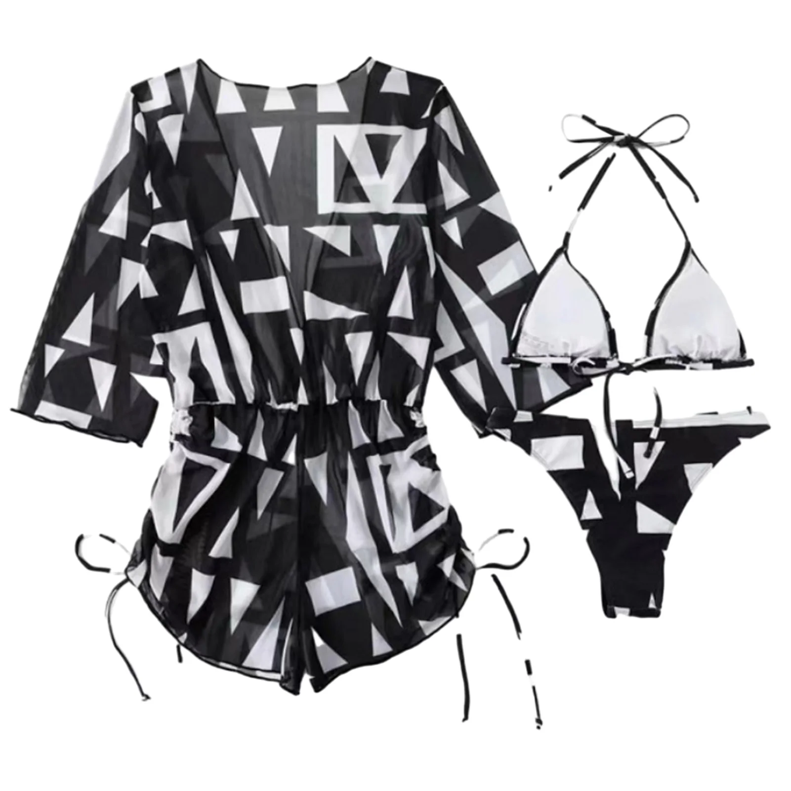 Bikini Set for Women Digital Printed Swimsuit with Long Sleeve Cover-up Gift for Girls Ladies Friends