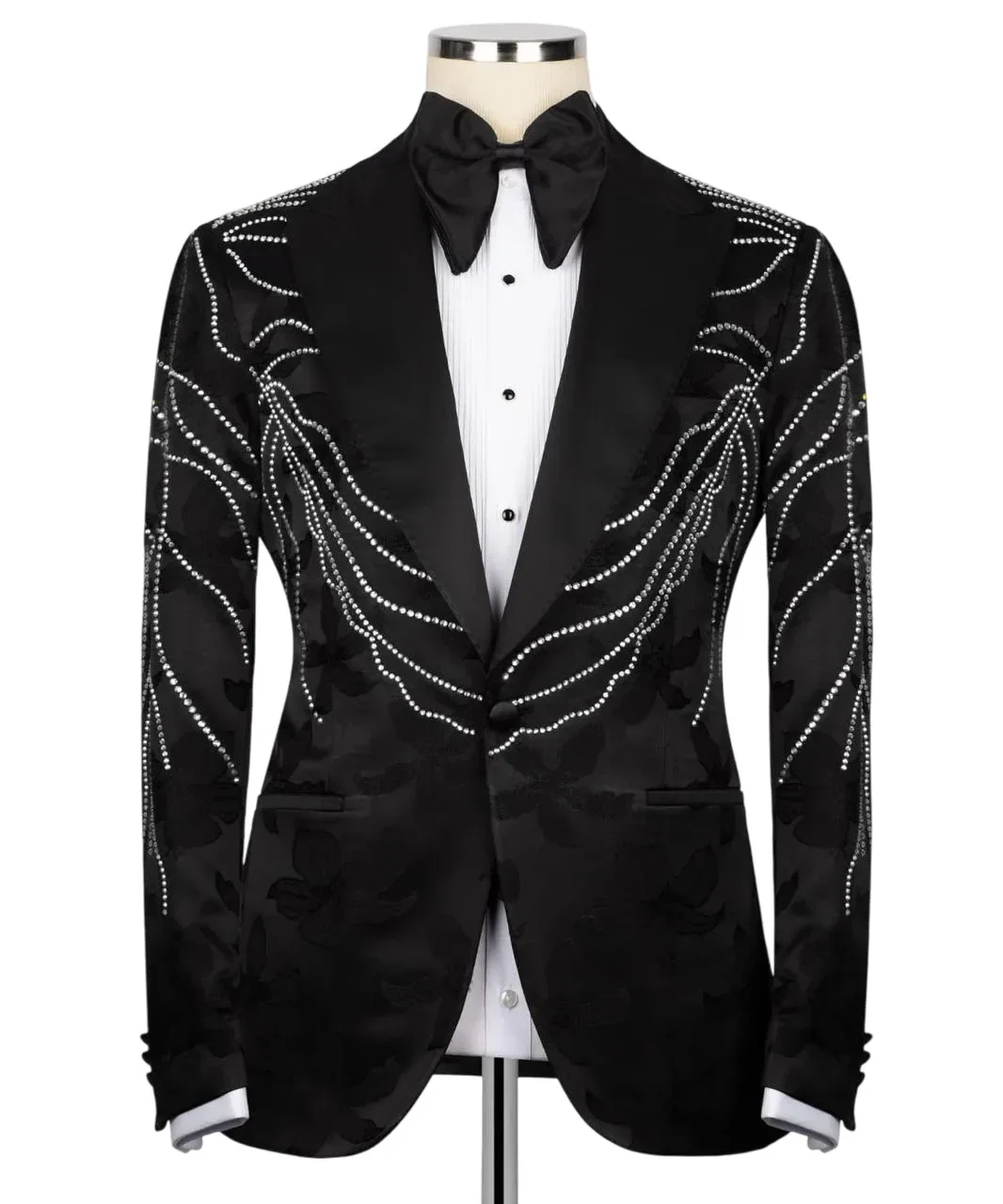 New Design Men Suits Jacquard Peaked Lapel Jacket 2 Pieces Beading Tailor Made Blazer One Button Groom Customized Coat Pants