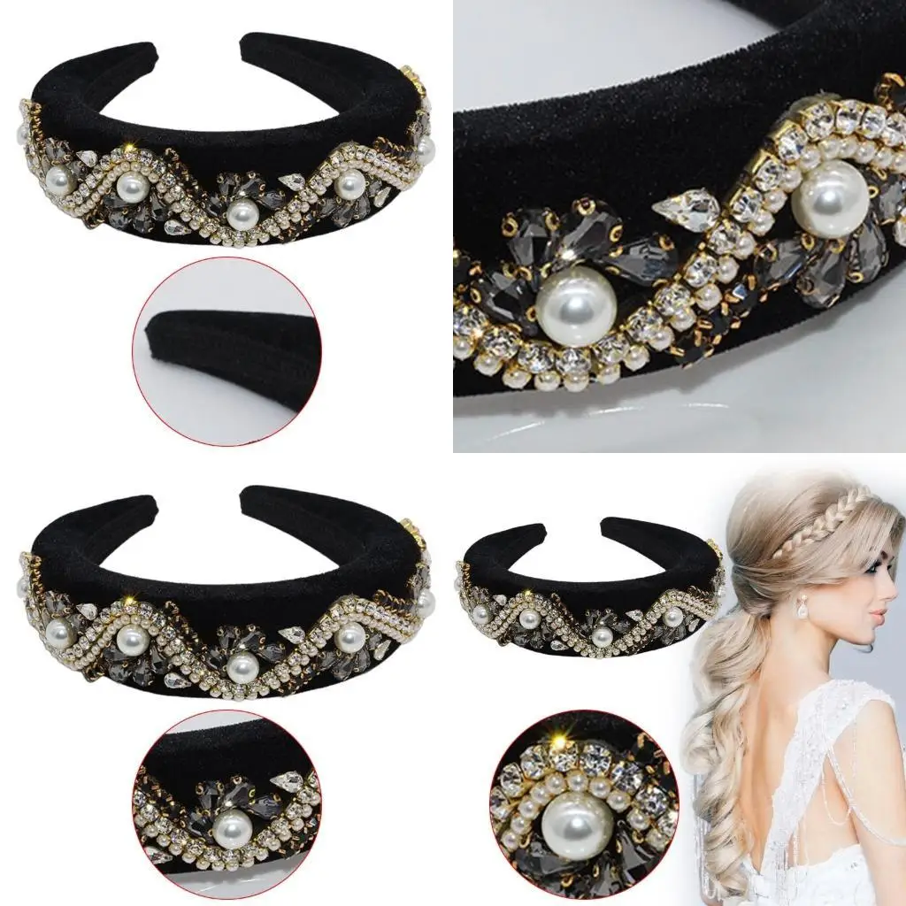 

R1WE Shinning Headband for Women Fashionable Handmade Wide Hair Hoops Beaded Bling Hairband Hair Accessories
