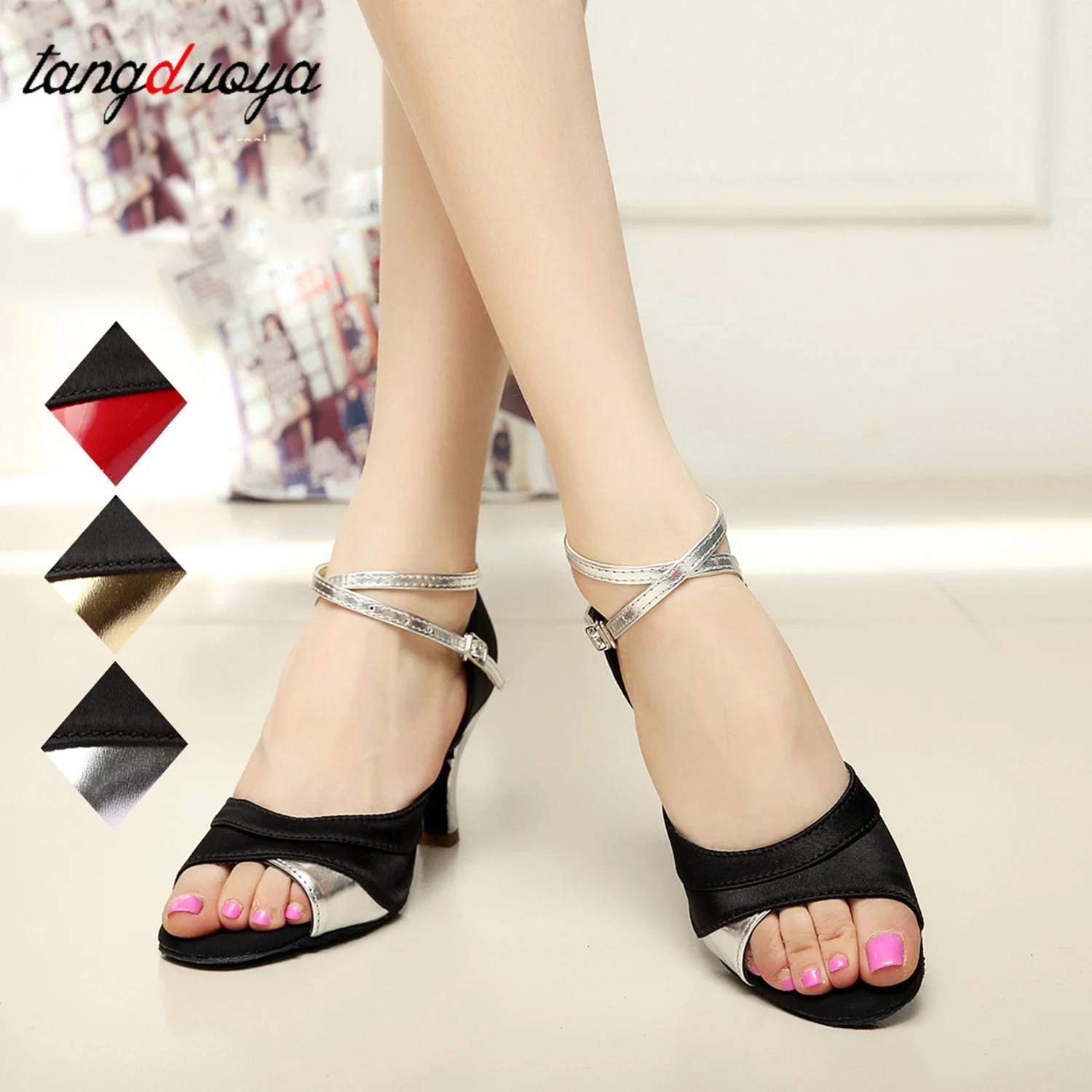 Women Glitter Leather Latin Dance Shoes Soft Sole Tango Salsa Dance Ballroom Modern Shoe Tango Ballroom Dancing Shoes 5/7cm Heel