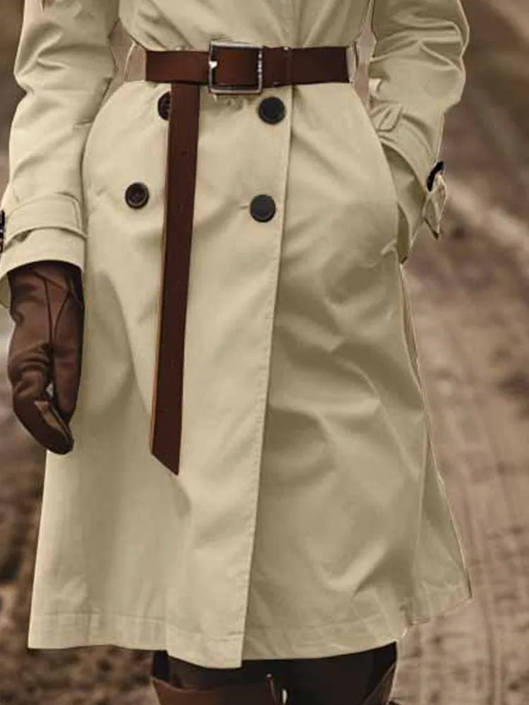 

Women's Lapel Pocket Trench Outerwear Western Style Office Vintage Solid Color Jacket Double Breasted Design Loose Autumn Coat