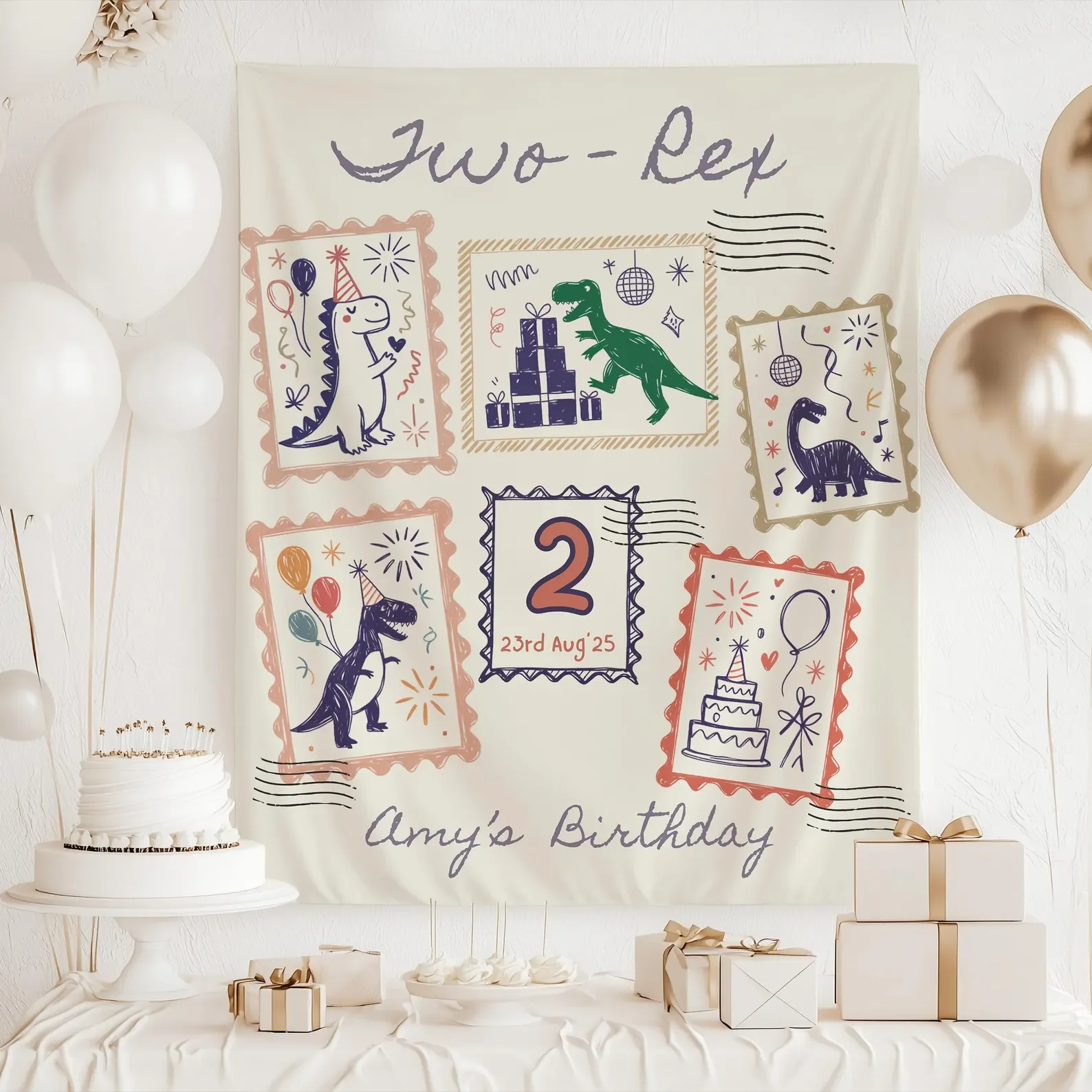 Personalized Two Rex Dinosaur 2nd Birthday Backdrop Custom Name Vintage Postcard Kids Party Banner T Rex Photo Booth Decor