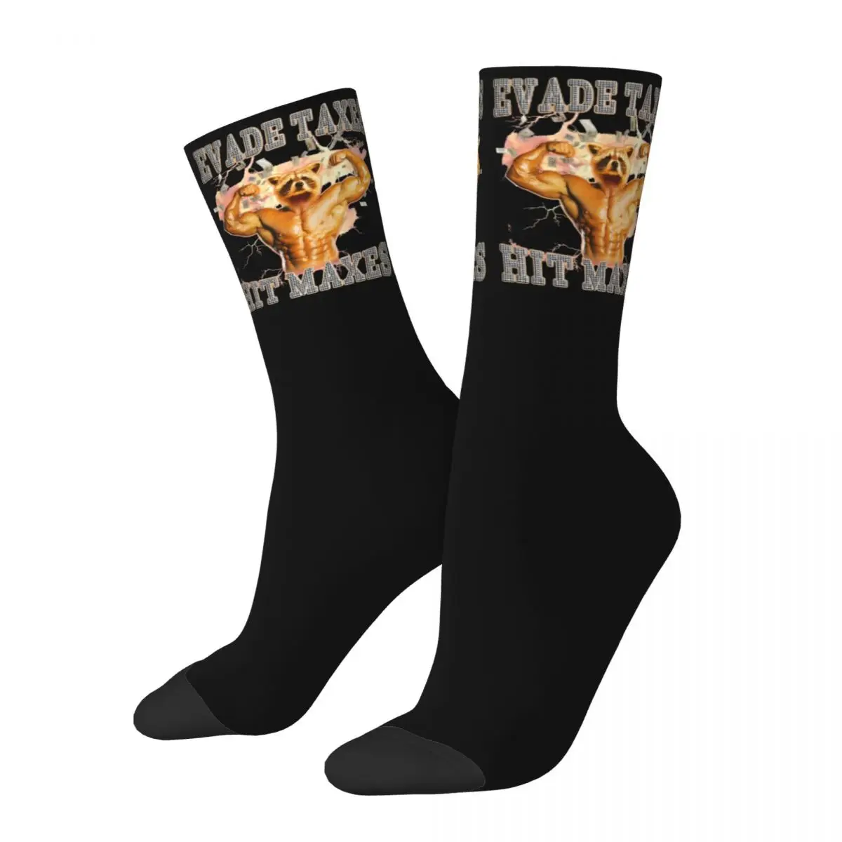 Evade Taxes Hit Maxes Funny Bodybuilder Raccoon Meme Merch Men Women Socks Cozy Gym Humor Muscles Crew Socks Cute Present