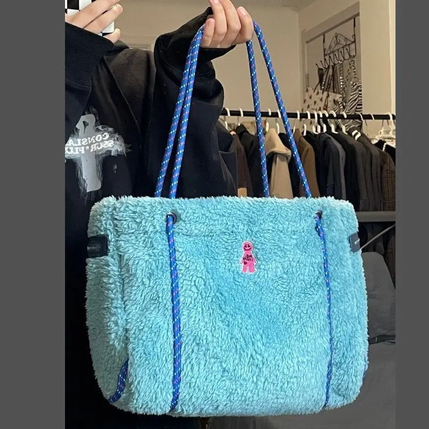 Y2k Lamb Wool Blue Handbag For Women High Capacity Big Tote Bags Korean Fashion Square Shoulder Bag College Book School Bags New