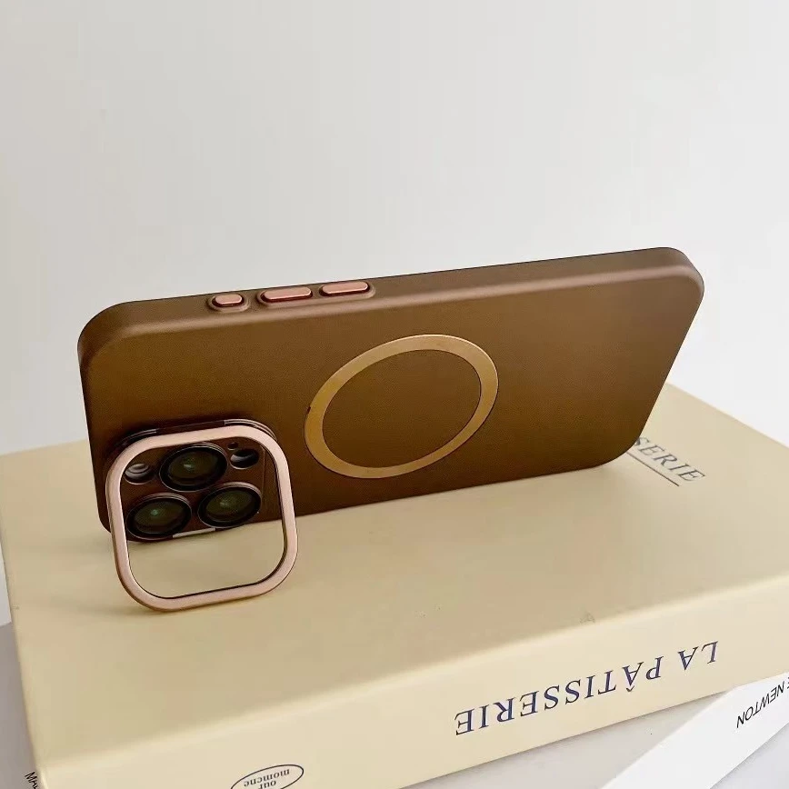 Business Slim Matte Magsafe Case for iPhone 16 14 15 Pro Max 16 Plus Fold Lens Stand Holder Wireless Charging Shockproof Cover