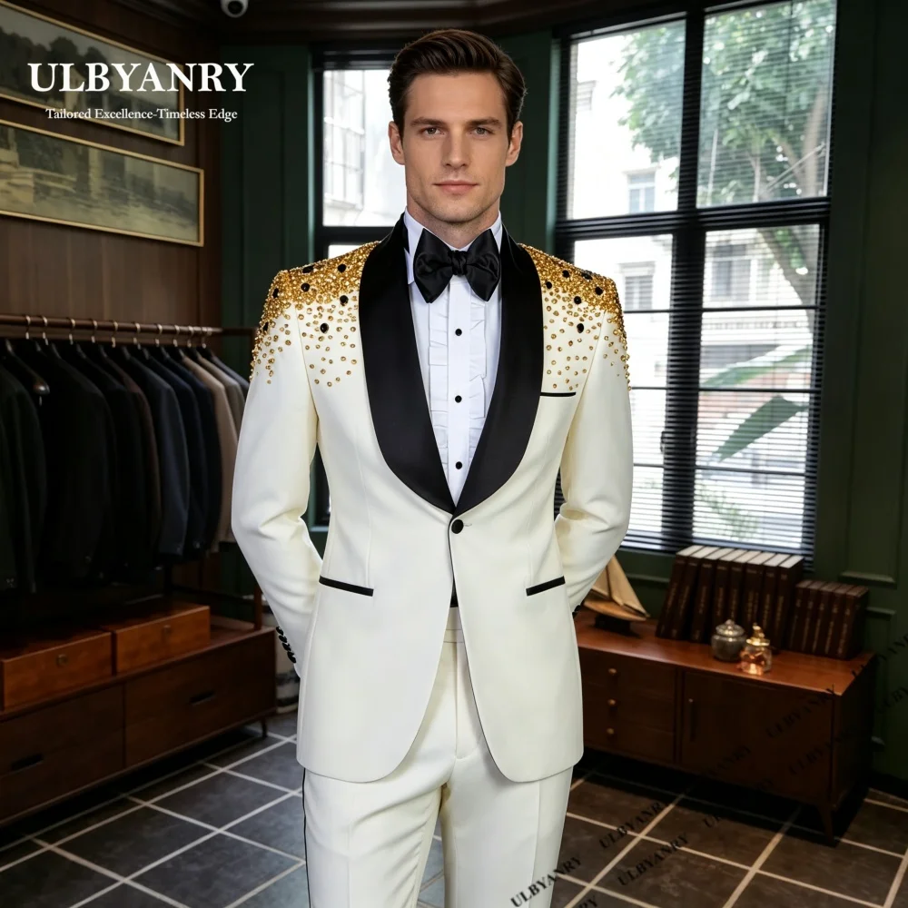 ULBYANRY Men's Luxury Wedding Suit Single-Button Slim Fitting Groom Suits Crystals Rhinestones Tailored Tuxedo Jacket Pants