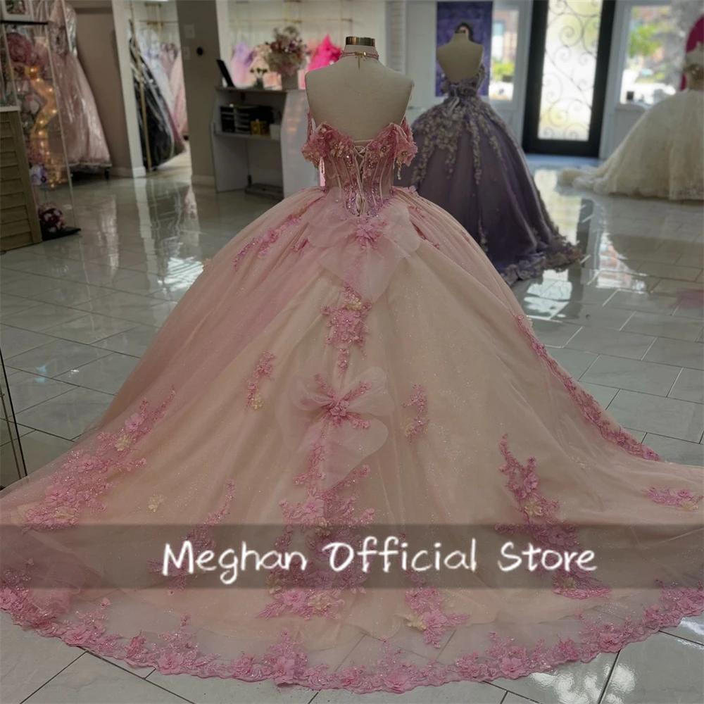 وردي قبالة الكتف القوس Quinceanera فساتين الكرة ثوب حبة يزين عيد ميلاد فستان فاخر 3D زهرة ثوب الأميرة حسب الطلب