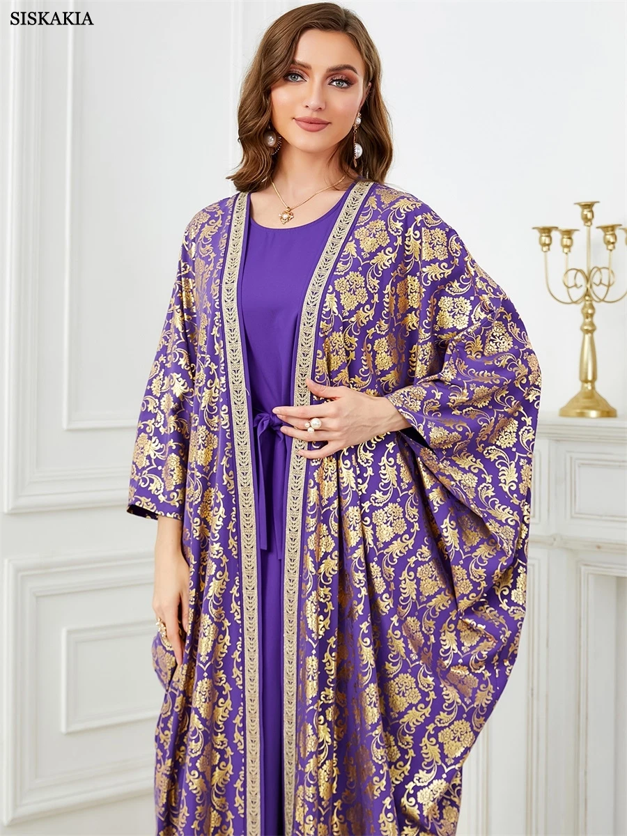 Siskakia Dubai goud stempeljurk moslim tweedelige set Abaya O-hals riem inclusief vleermuismouw