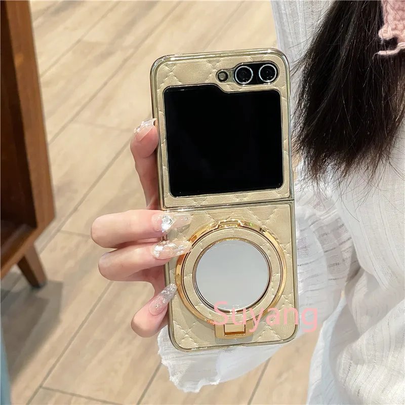 

Luxury PU Leather Makeup Mirror Magnetic Electroplating Phone Cases Bracket For Samsung Galaxy Z Flip 7 FE 6 5 4 3 Protect Cover
