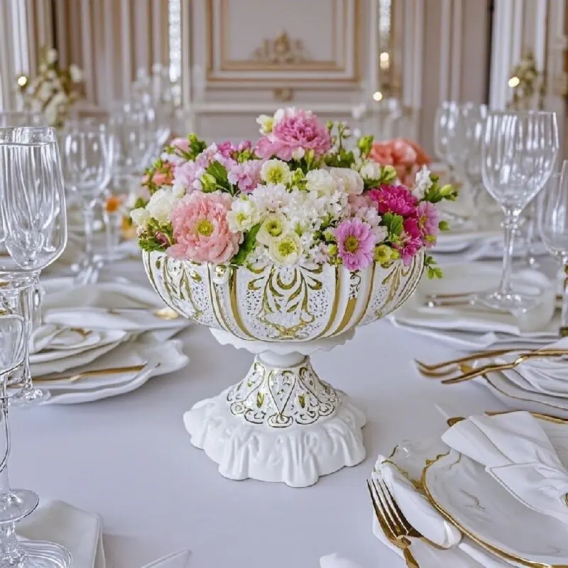 

French court style wrought iron wide mouth flower pot hotel dining table wedding atmosphere arrangement