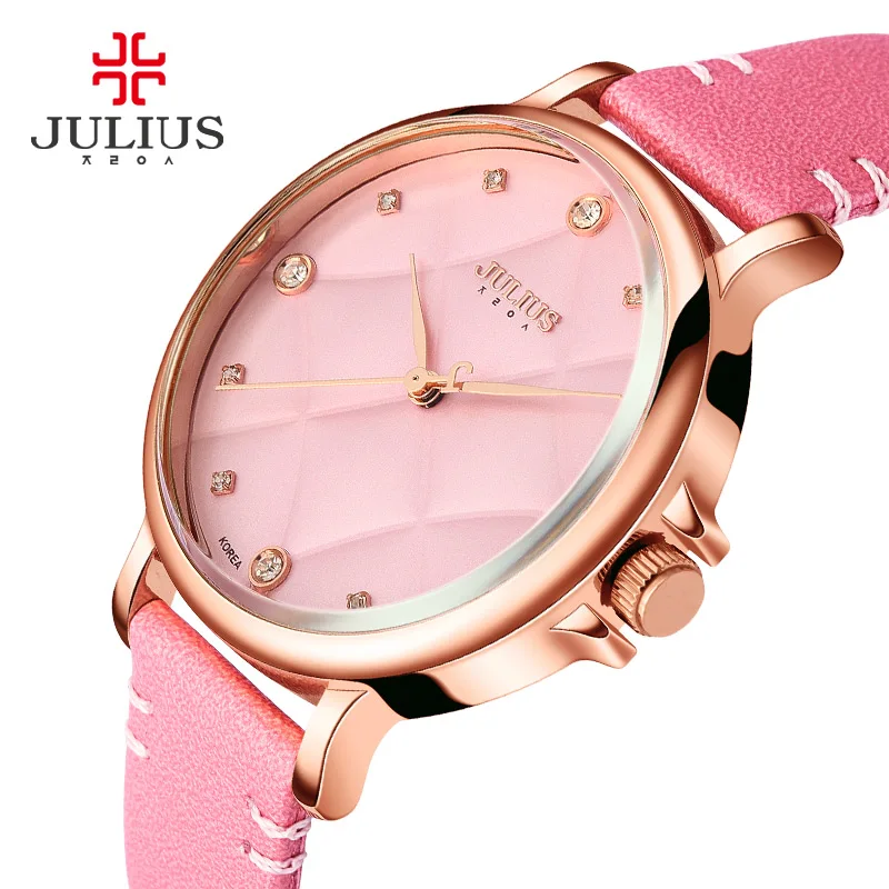 Julius-Reloj clásico de cuero para mujer, pulsera fina de moda, con rejilla, sin caja, para regalo de cumpleaños