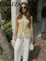 TRAFZA 2024 moda damska kamizelka khaki dekolt w serek kieszenie bez rękawów udekoruj jednorzędowa damska elegancka kamizelka urząd Lady Top