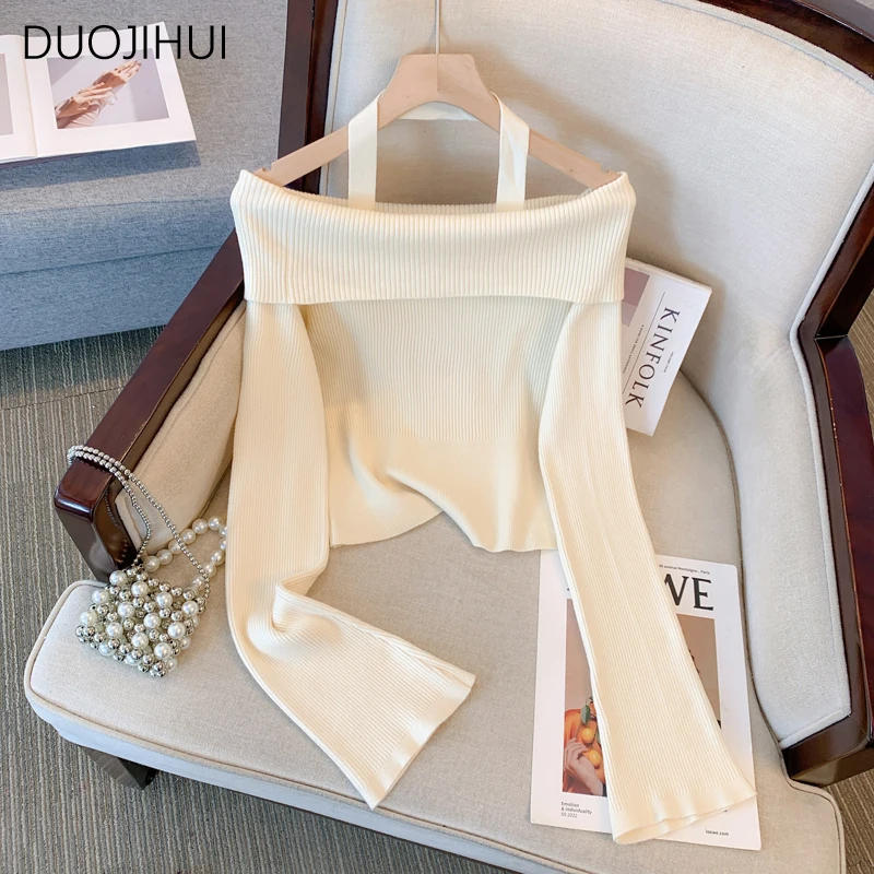 

DUOJIHUI Autumn Chicly Halter Slash Neck Sexy Women Pullovers Korean Simple Casual Solid Color Fashion Knitting Female Pullovers