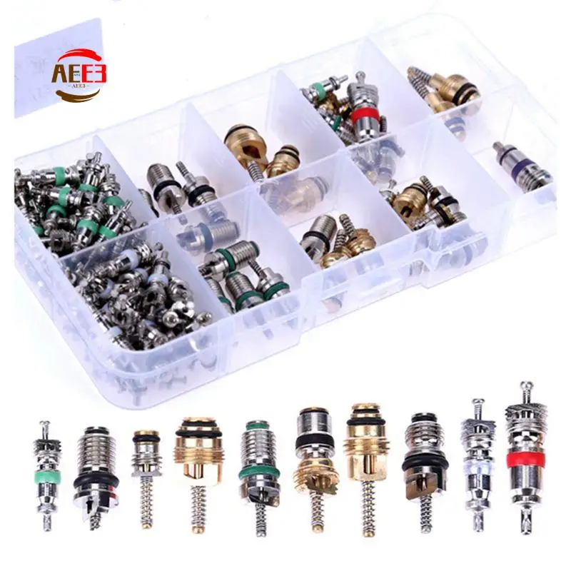 

AEE3-104Pcs Car Air Conditioner Valve Cores Assortment A/C AC Shrader Valve Core & Tool R134 R12 HVAC Valves Kit Parts
