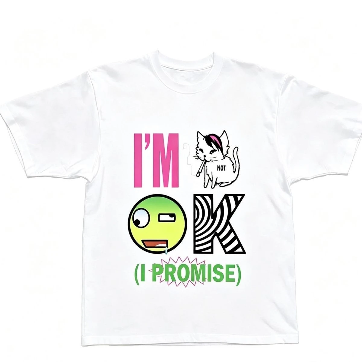 Fun Cartoon Cat Expression Letter Print Short-sleeved T-shirt for Men and Women, Loose Round-neck Black Street Casual Top