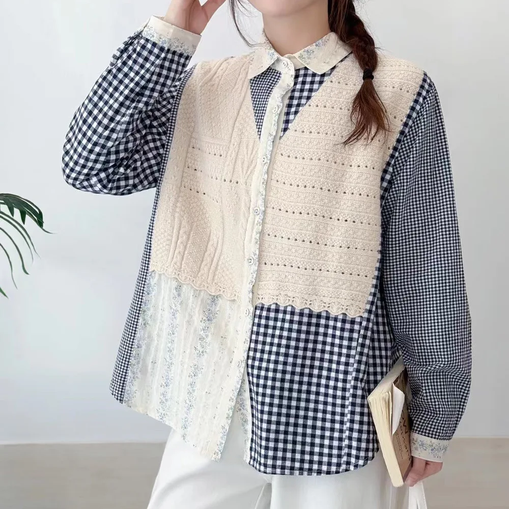 

High Quality Women 100% Cotton Blouse Shirt Elegant OL Autumn New Mori Floral Plaid Splicing Loose Cotton Knitted Shirts