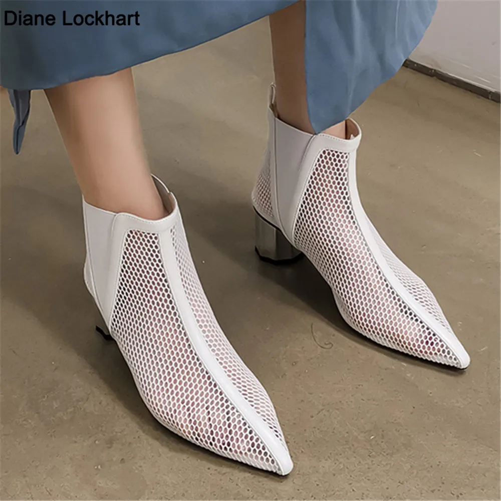 Women Summer Ankle Boots Mesh Cut Out Hollow Pointed Toe Bootie Shoes Female Thick High Heel Sandals Fashion Women Cool Boots