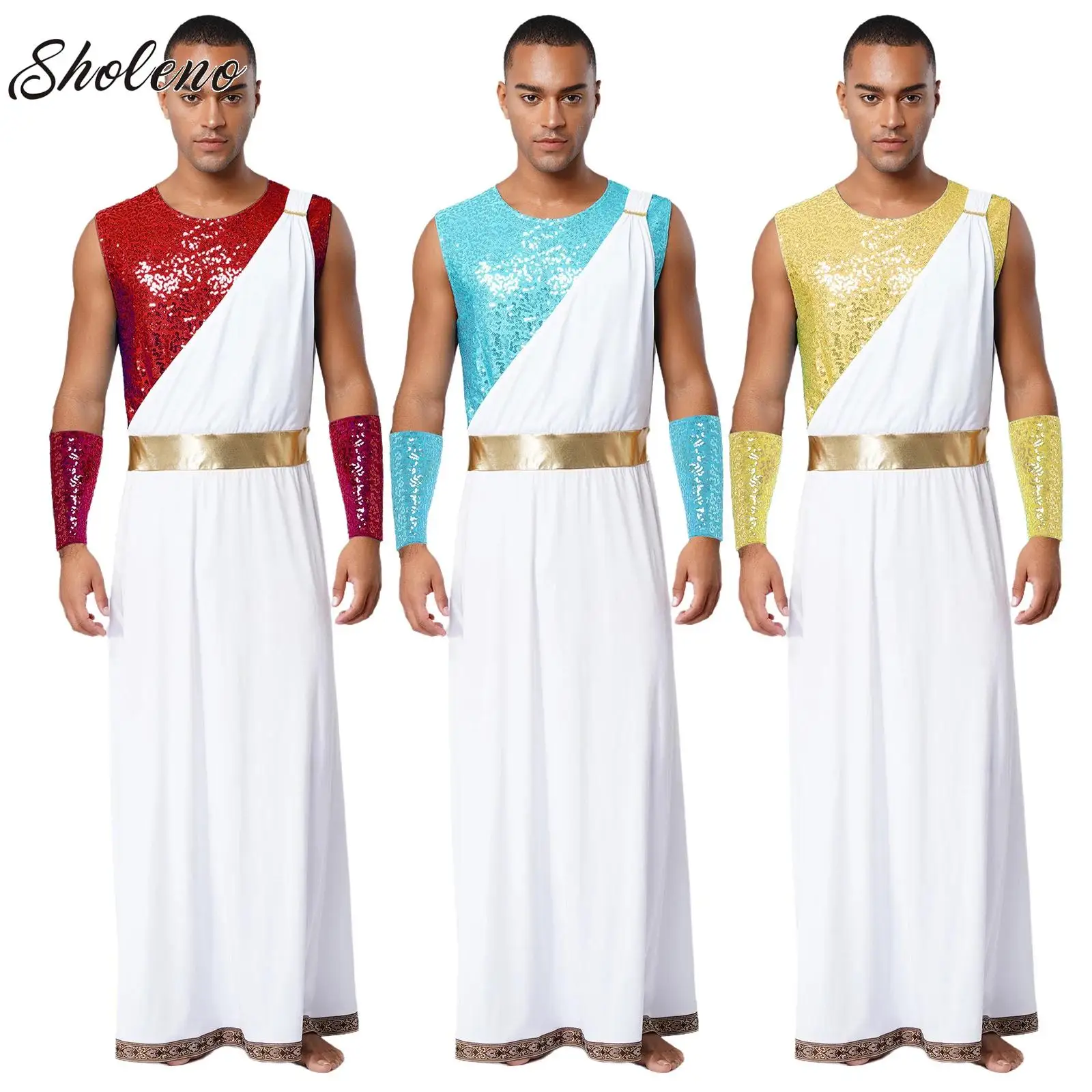 

Men Greek Roman Senator Cosplay Outfit Sleeveless Sequins Egyptian Robe with Cuffs for Halloween Theme Party Fancy Dress Ball