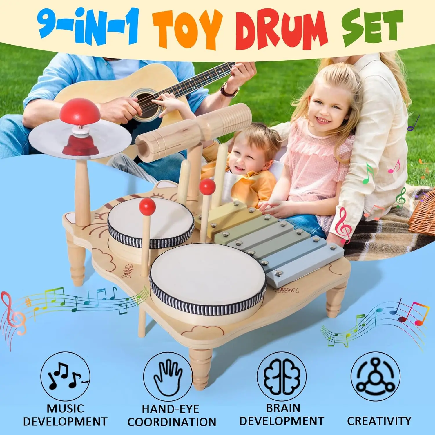 Xilófono de madera y batería multifuncional para niños pequeños y bebés - Juguete de instrumentos musicales de percusión Montessori