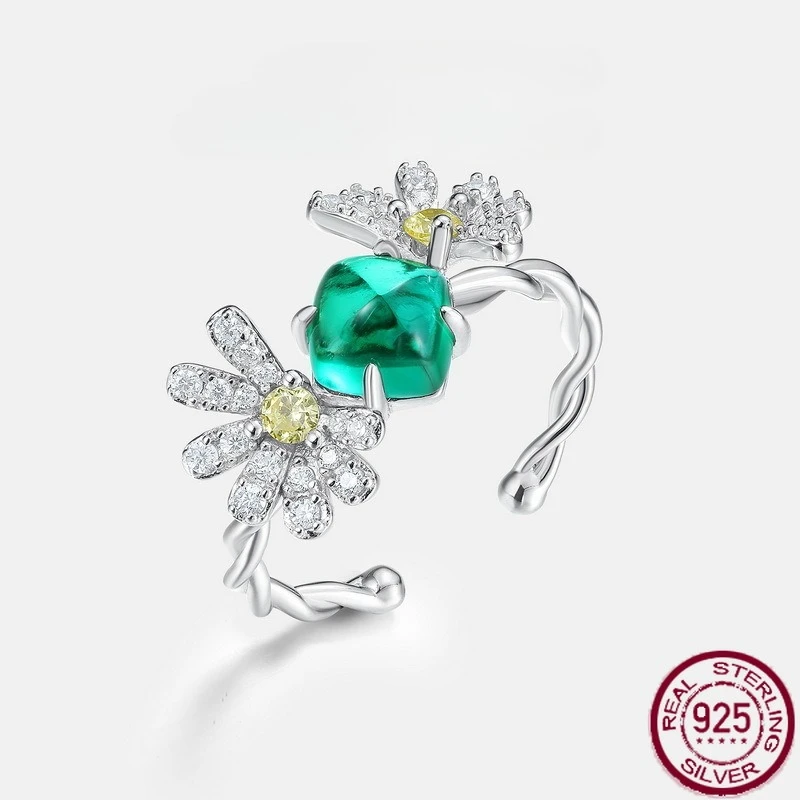 

New S925 pure silver petal retro light luxury inlaid cultivation emerald open ring fashion wedding jewelry