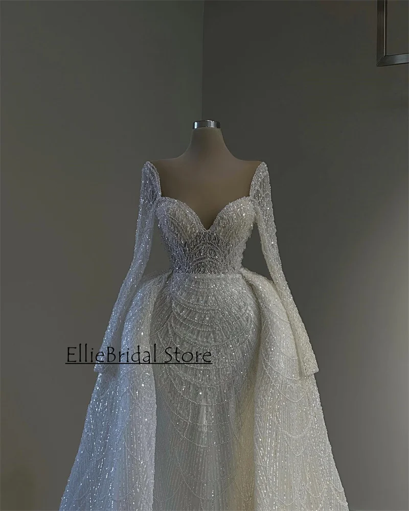 Vestidos de novia de sirena de lujo con tren desmontable vestidos de novia de Dubái para novias 2025 vestidos de novia de manga larga personalizados