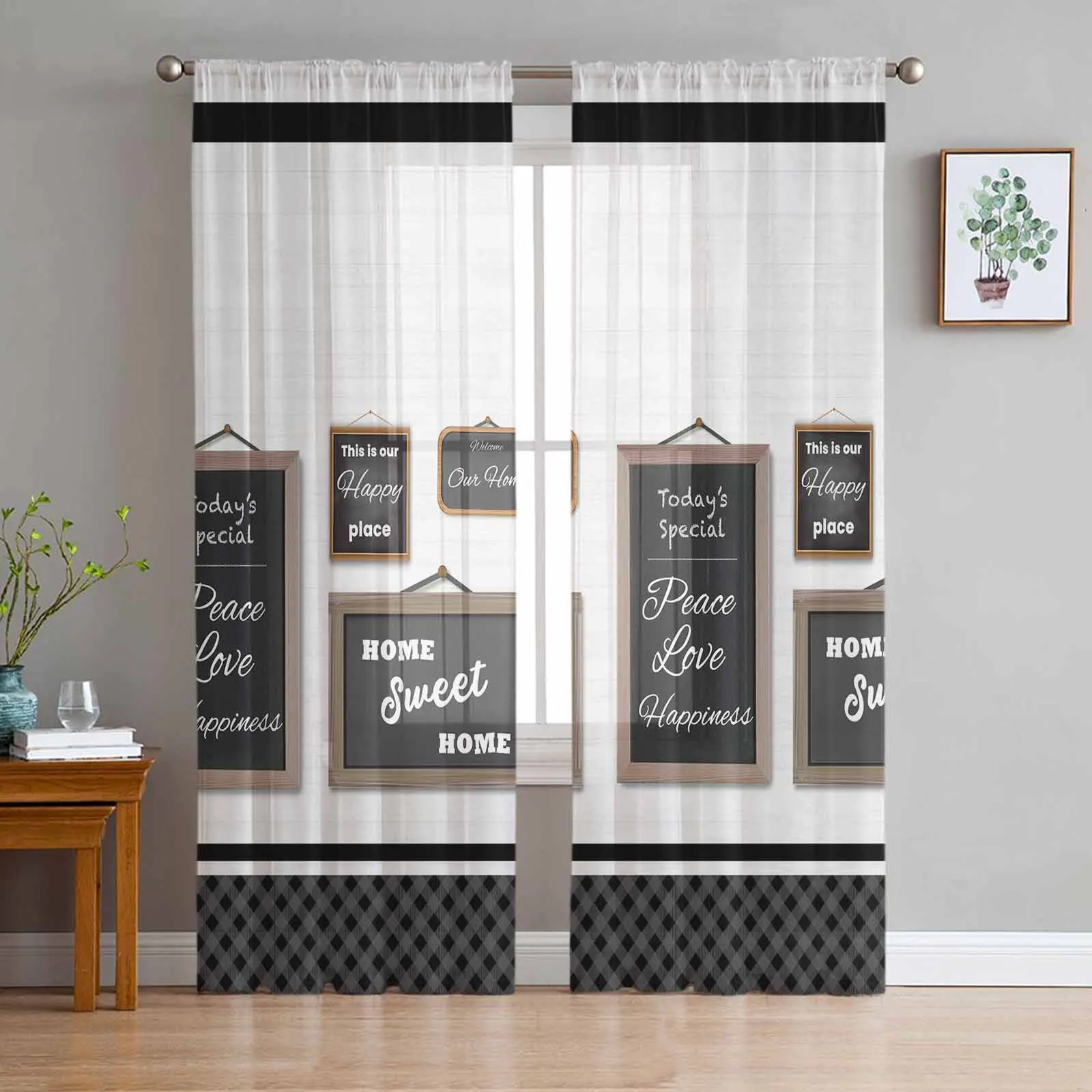 Plaque Blackboard Quotations Triangle Tulle Sheer Window Curtains For Living Room Kitchen Children Bedroom Voile Hanging Curtain