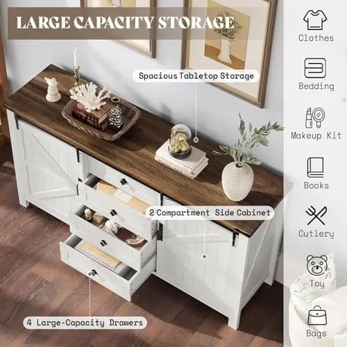 3-Piece White Bedroom Set with 4-Drawer Dresser & 2 Nightstands | Distressed White, Farmhouse Furniture Set, Sliding - view 6