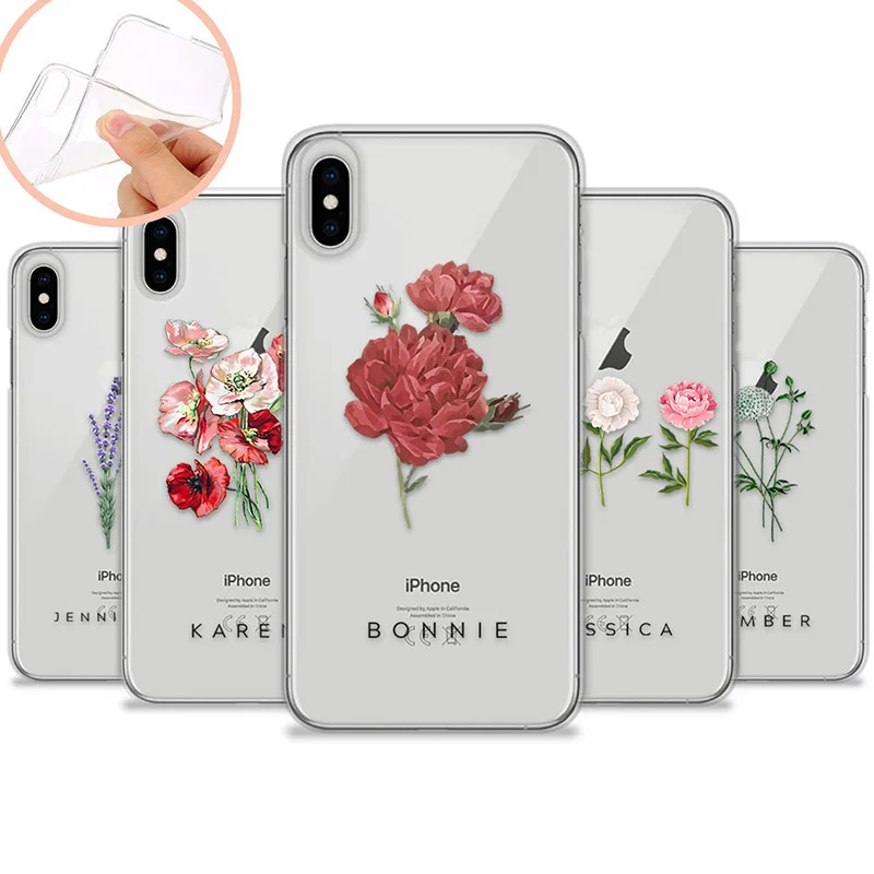 PERSONALISED phone case initials name soft transparnt floral cover for iphone 15 13 11 12 14 Pro Max mini SE 2020 7 8 Xs max Xr