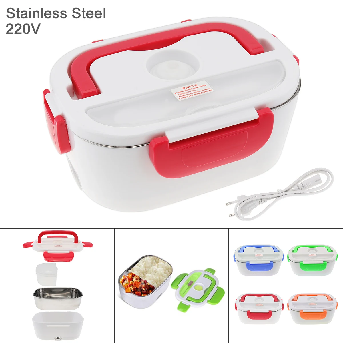 

220V 1.5L Split Type Stainless Steel + ABS Food Warmer Heating Keeping Electric Lunch Box with Spoon / EU Charging Line