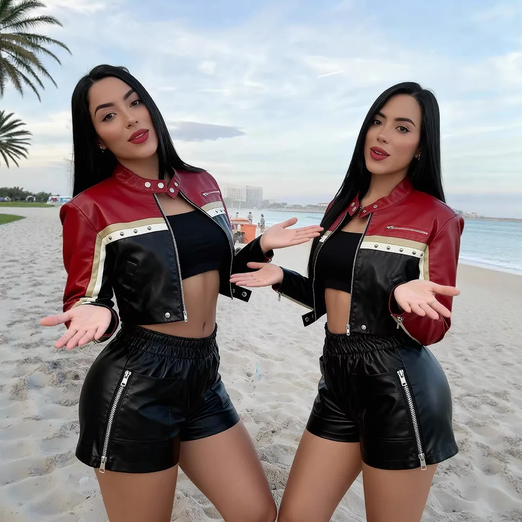 

Clpppppp Zipper Fly Female Bomber Jacket Color Blocked Lady Pilot Jacket KIDCRKJ Cropped Women Motorcycle Coat Turn Down