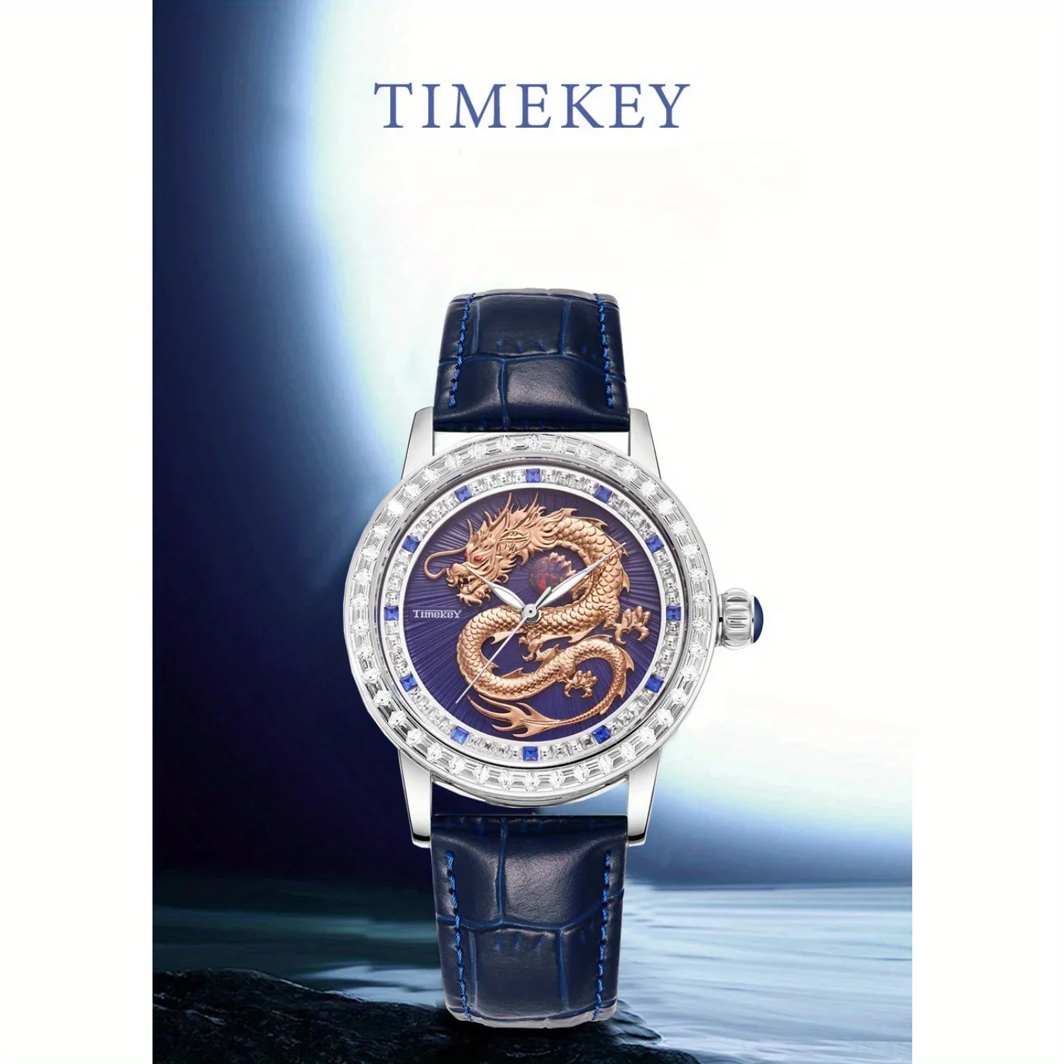 Timekey-Automatic Mechanical Watch , Chinese Loong Dial, Leather Strap, Fashionable Business Watch, Waterproof Luminous Watch