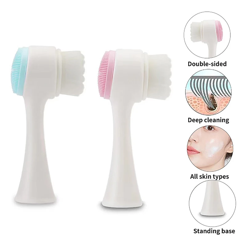 3D Sides Silicone Double Sided Facial Cleanser Brush Blackhead Removal Product Pore Cleaning Exfoliator Face Scrub Brush Set