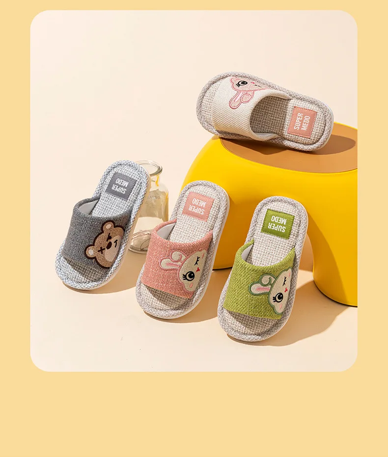 Kinder-Hausschuhe aus Leinen, 2025, Frühling und Herbst, für Zuhause, drinnen, flache Schuhe für Mädchen, bequem, rutschfest, geschlossener Zehenbereich, Cartoon-Hausschuhe für Jungen – Detail 4
