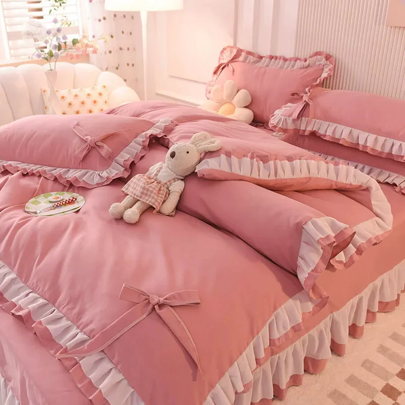 Luxury Princess Girls Bedding Sets Kawaii Seersucker Bed Sheet Pillowcase Solid Color Duvet Cover Cute Home Decoration