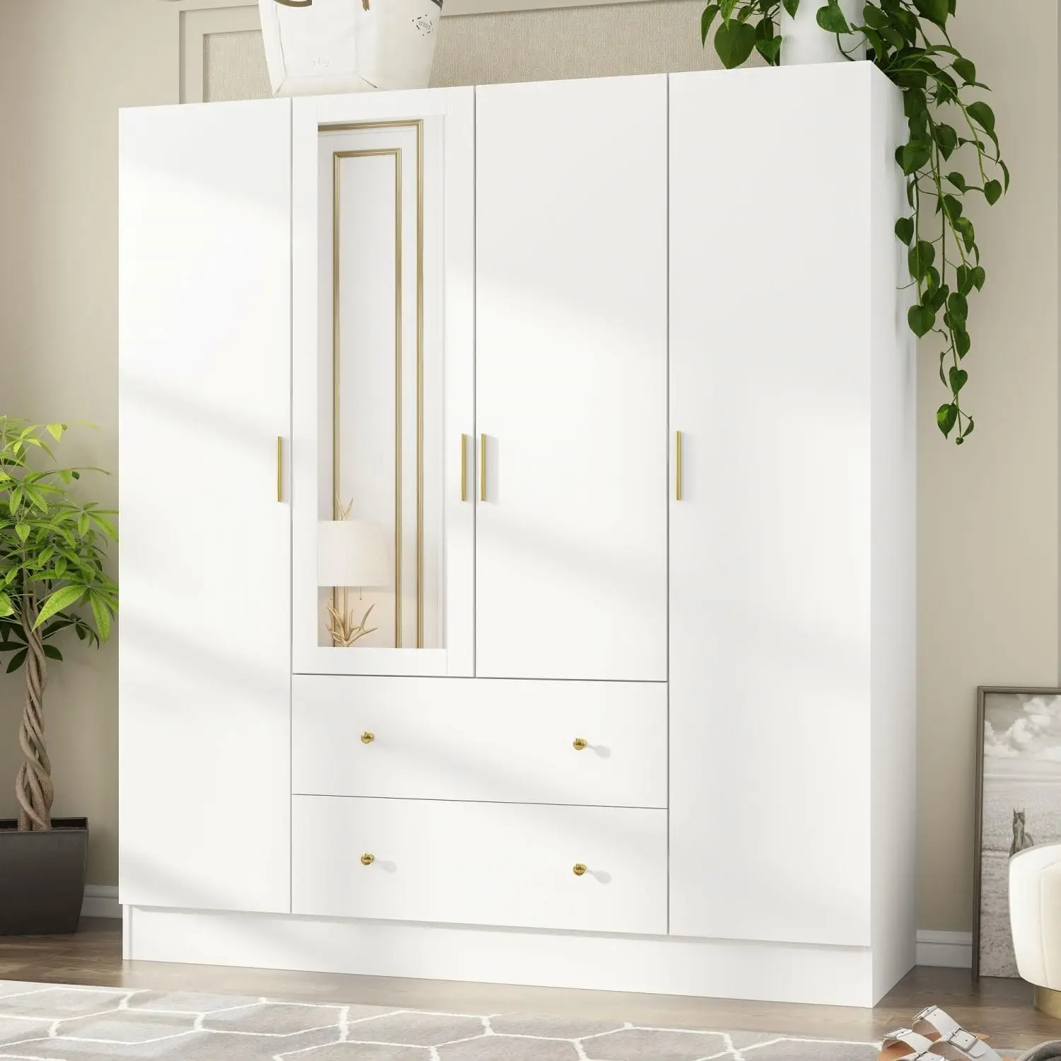 

FAMAPY4Door Wardrobe Closet with Mirror,Armoires and Wardrobes with Drawers and Shelves,Armoire Wardrobe Closet with Hanging Rod