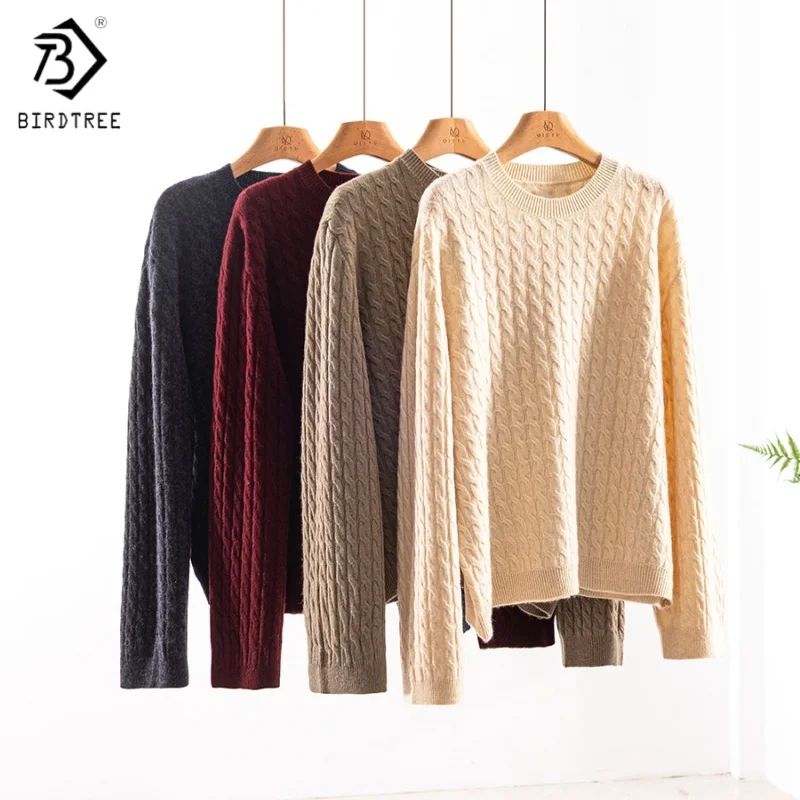 Birdtree,100% Pure Wool Sweater,Women Knitted Warmth O-neck Tops, Full Sleeve Basics Shirt, 2025 Fall Winter Pullover T5D417JF