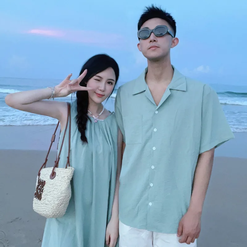 Plus size Men's Shirts Mid-Length Bohemian Girls' Dress Hainan Sanya Tourism Vacation Beach Seaside Couple