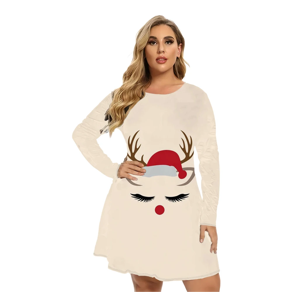 Śmieszna Śliczna Świąteczna Damska Sukienka Z Długim Rękawem Zimowa Impreza Świąteczna Sukienka A-Line Casual Santa Claus Loose Plus Size Dress