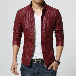 2024 New Mens Fashion PU Leather Jacket Men Stand Collar Slim Biker Jacket High Quality Men Coat Solid Color Leather  Jacket