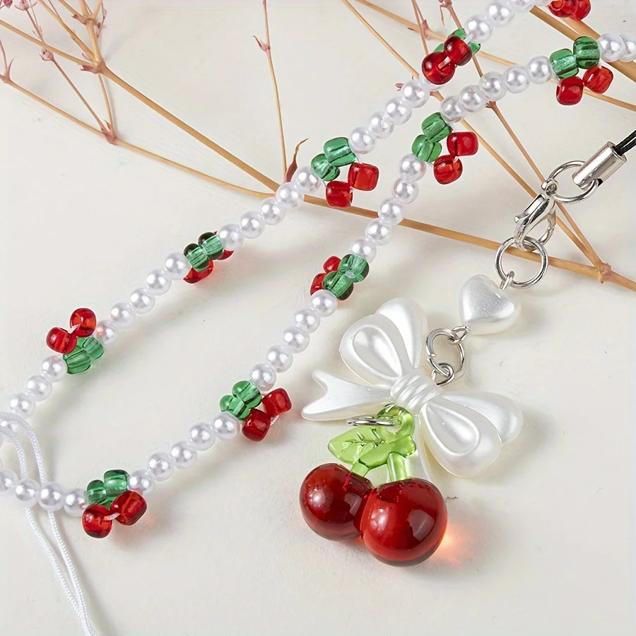 2pcs Korean Sweet Resin Cherry Beaded Phone Lanyard, Bow Decorated Phone Chain Keychain Phone