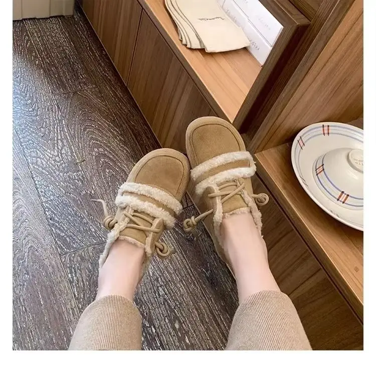 TRAF Women's Khaki Boken Shoes Thick Soled Velvet Warm Casual Women's Shoes 2024 New Autumn Winter Female Lamb Wool Cotton Shoes