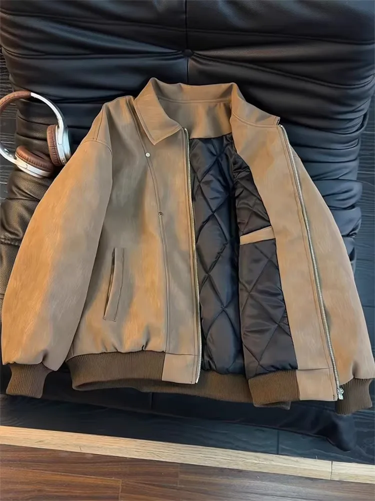 

Cé Brown PU Leather Flight Jaet Cotton Vest Men's Winter Thiened Rivet Design Motorcycle ort Leather Coat Outerwear