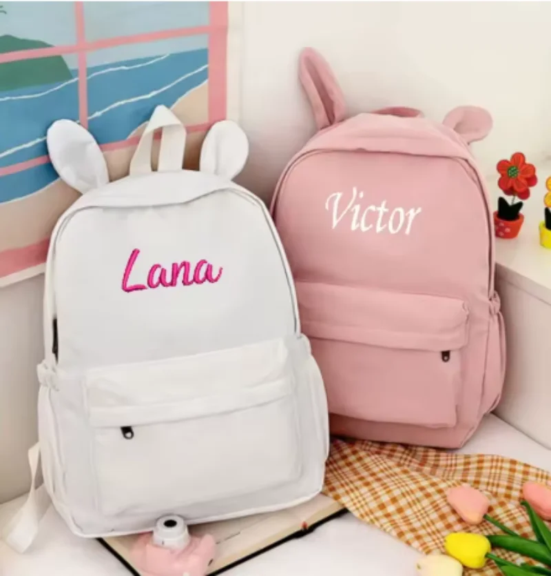 

Custom Name Solid Color Rabbit School Student Backpack Personalized Kids Fashion Large Capacity Schoolbags Lightweight Backpack