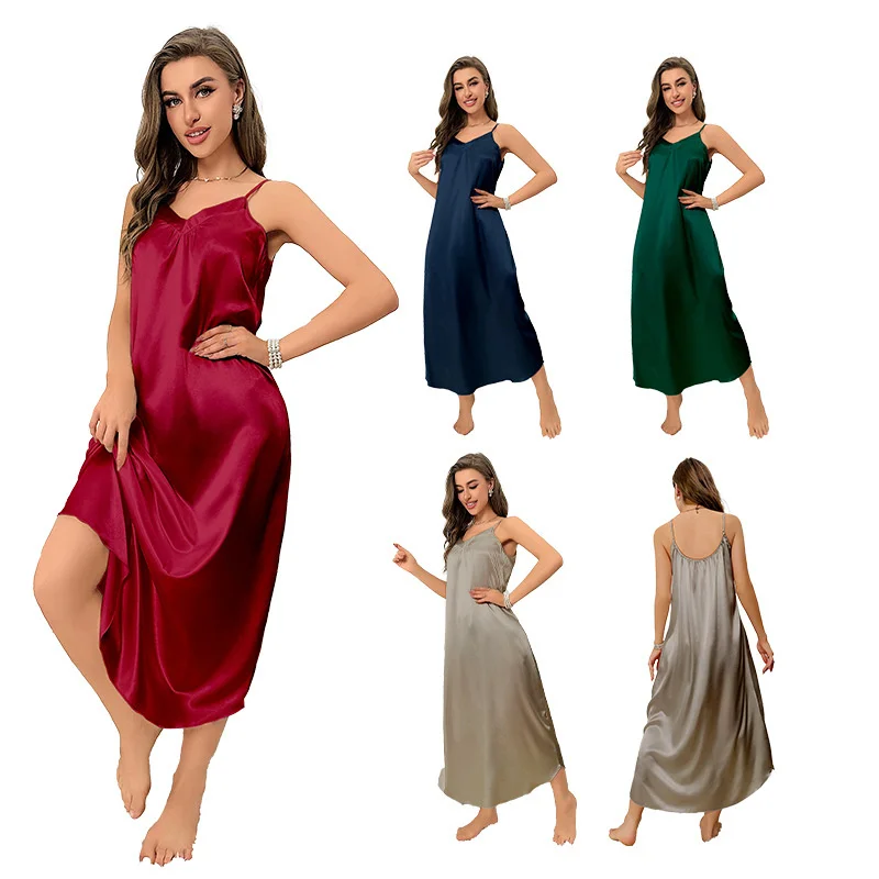 Women\'s Ice Silk Satin Causal Nightgown Long Slip Sleep Dress Silk V Neck Sling Solid Color Long Loose Nightwear